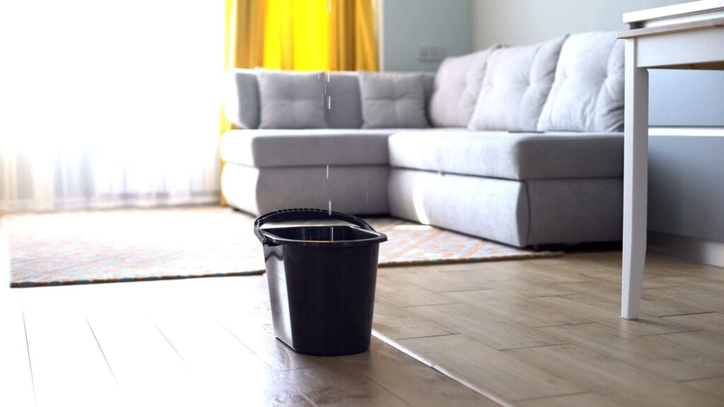 A bucket of water is sitting on the floor.