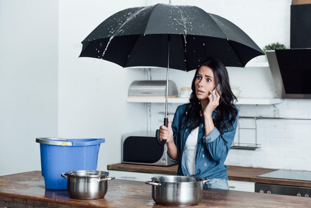 A woman holding an umbrella over her head