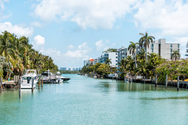 Sunny day landscape or cityscape in Miami Florida with green ocean Biscayne Bay background high angle view and paradise idyllic water