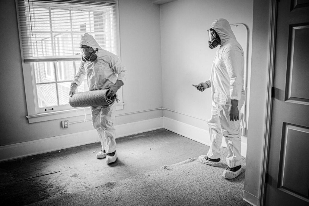 Two men in white suits are standing in a room.